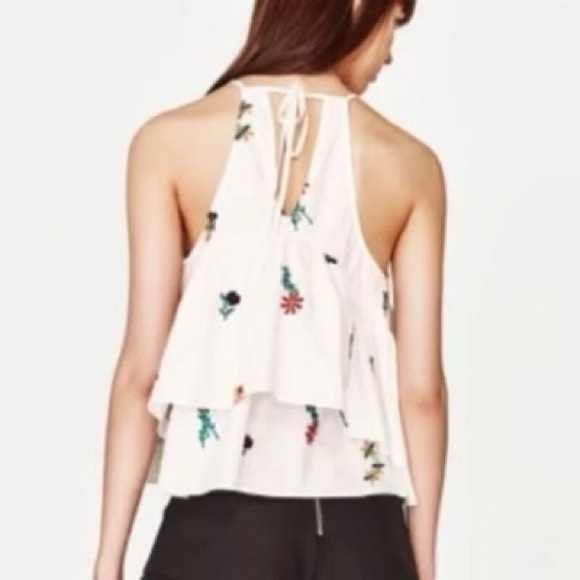 Zara Floral Embroidered White Halter Top XS - Picture 7 of 7